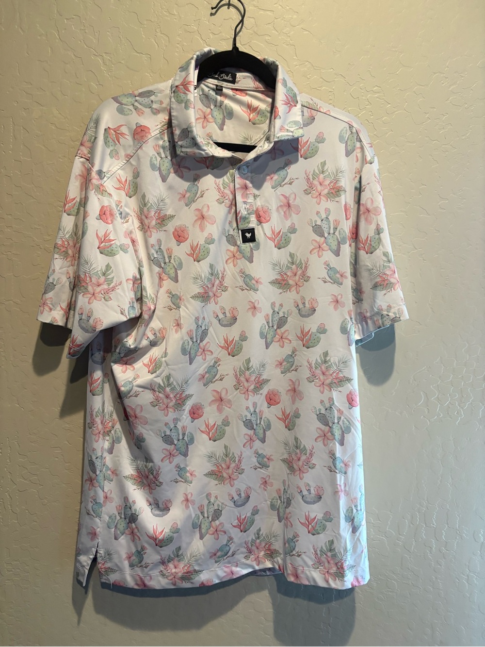 Bad Birdie White Polo with Pink and Green Floral Cactus Print